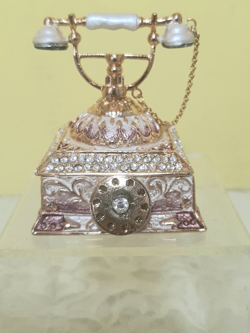 Rhinestone Embellished Enamel Trinket Box  .Antique Telephone